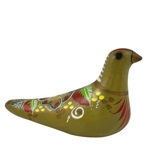 Vintage Tonala Mexican Folk Art Hand Painted Pottery Bird Avocado Green ADORABLE